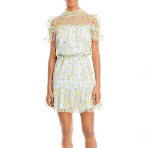 ML Monique Lhuillier Waldorf Embroidered Mesh Floral Mini Dress in Blue Size 4